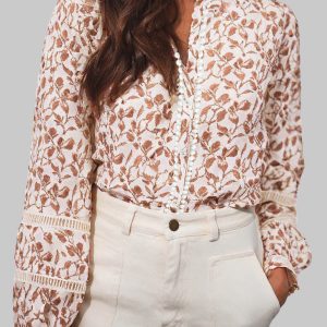 Brown Floral Button Front Boho Blouse