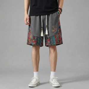 Men Embroidery Shorts with Pockets | Casual Relaxed Fit Bottoms | Lightweight Elastic Waist Everyday Wear