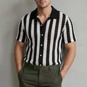 Men Striped Knit Beach Shirt | Elegant Short Sleeve Button Down | Casual Lightweight Summer Shirt