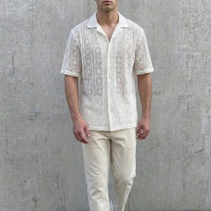 Mens Mesh Short Sleeve Shirt | Breathable Lightweight Summer Button Down | Casual Knit Top with Turn Down Collar