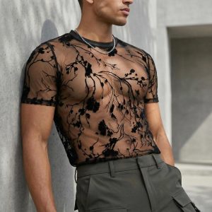 Men Mesh Lace T Shirt | Elegant Floral Short Sleeve O Neck Top | Breathable Casual Shirt for Men