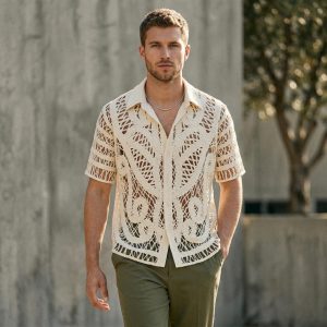 Men's Crochet Knit Shirt | Lightweight Acrylic Beach Top, Summer Vacation Wear