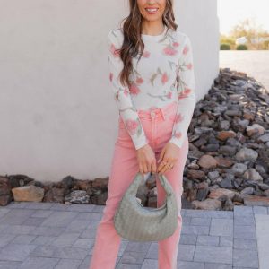 White Floral Sheer Mesh Long Sleeve Top